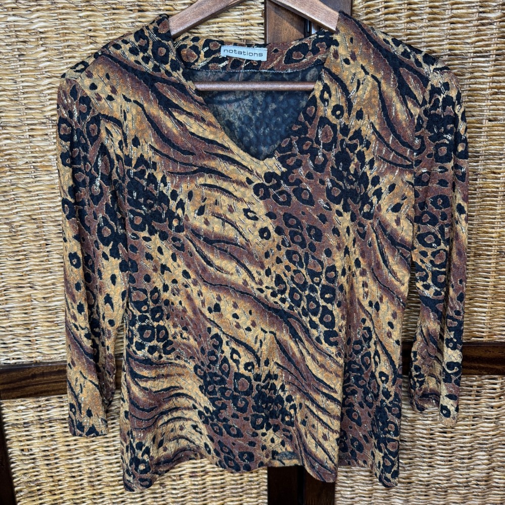 Notations Animal Print Metallic V-Neck Top Tiger Leopard 3/4 Sleeve Y2K